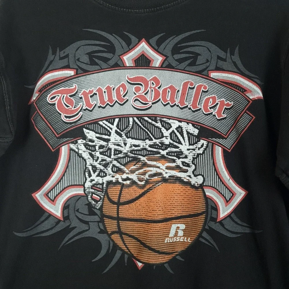 Vntg Y2K Russell Athletic Shirt Boys 14 Black Basketball Sleeve Hit Streetwear - Picture 7 of 16